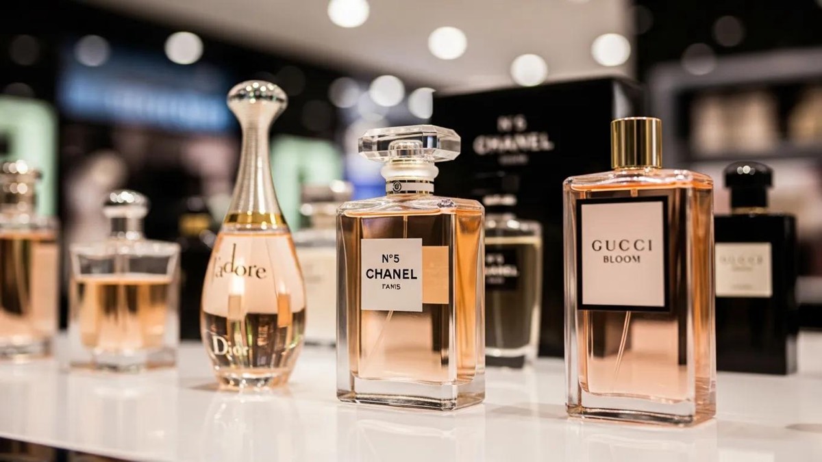 Close-up of luxury perfume bottles from Chanel, Dior, and Gucci