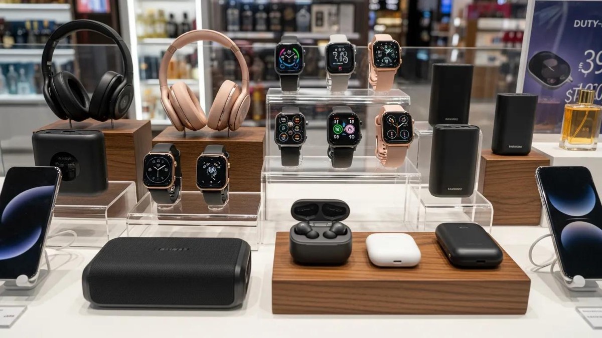 Display of popular electronics like headphones and smartwatches in duty-free shop