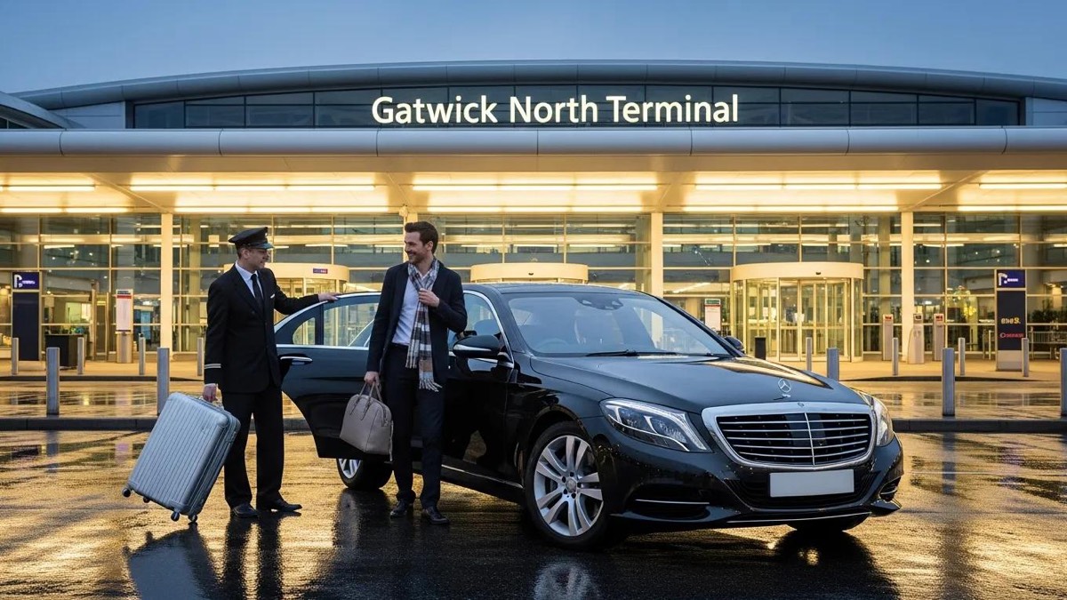 Luxury airport transfer vehicle at Gatwick North Terminal, emphasizing comfort and service excellence