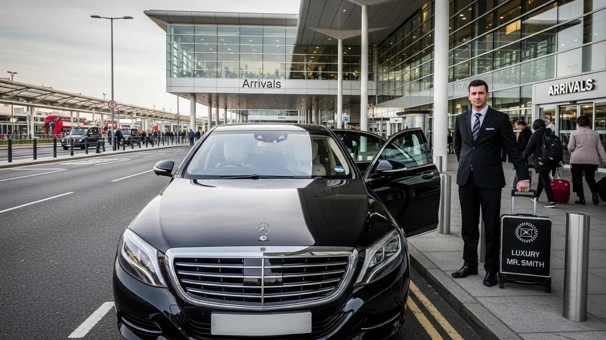Luxury airport transfer vehicle at Gatwick South Terminal, highlighting comfort and elegance