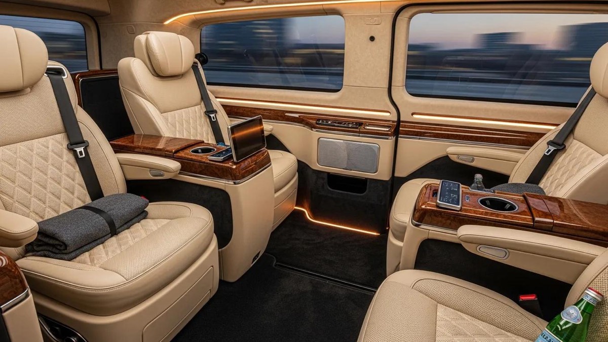 Interior of a luxury vehicle for private airport transfers, emphasizing comfort and high-end amenities