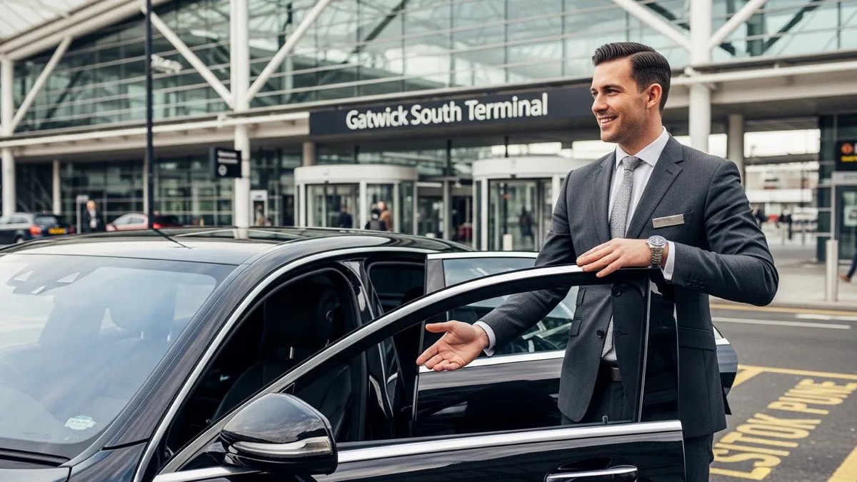 Professional driver with luxury vehicle at Gatwick South Terminal, showcasing reliability and service quality