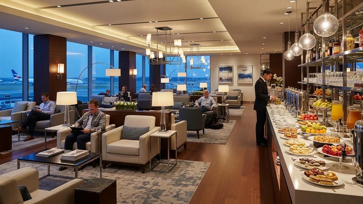 Luxurious passenger lounge at Heathrow Terminal 4 with comfortable seating and refreshments