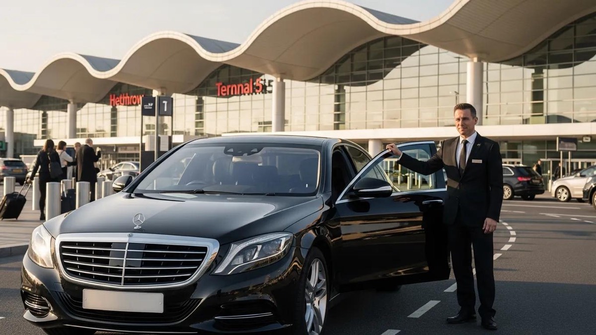 Luxury airport transfer vehicle at Heathrow Terminal 5, highlighting comfort and elegance