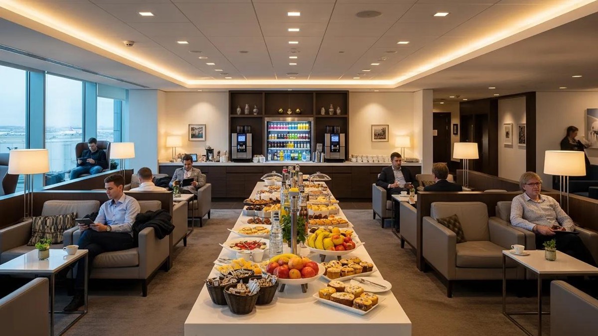 Comfortable airport lounge at Heathrow Terminal 5, showcasing passenger amenities