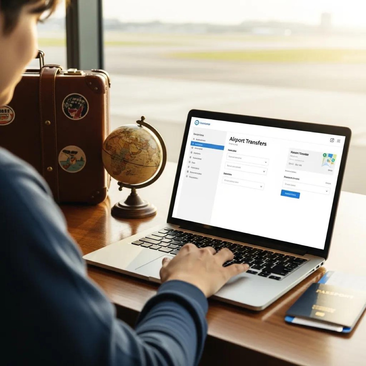 Traveler booking airport transfer online with a laptop and travel accessories