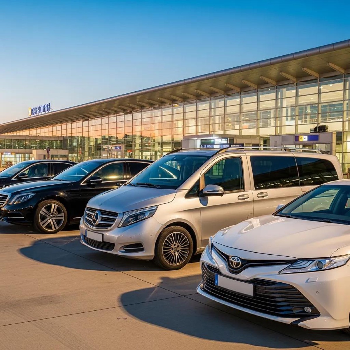 Various vehicle options for airport transfers including saloon, MPV, and executive cars