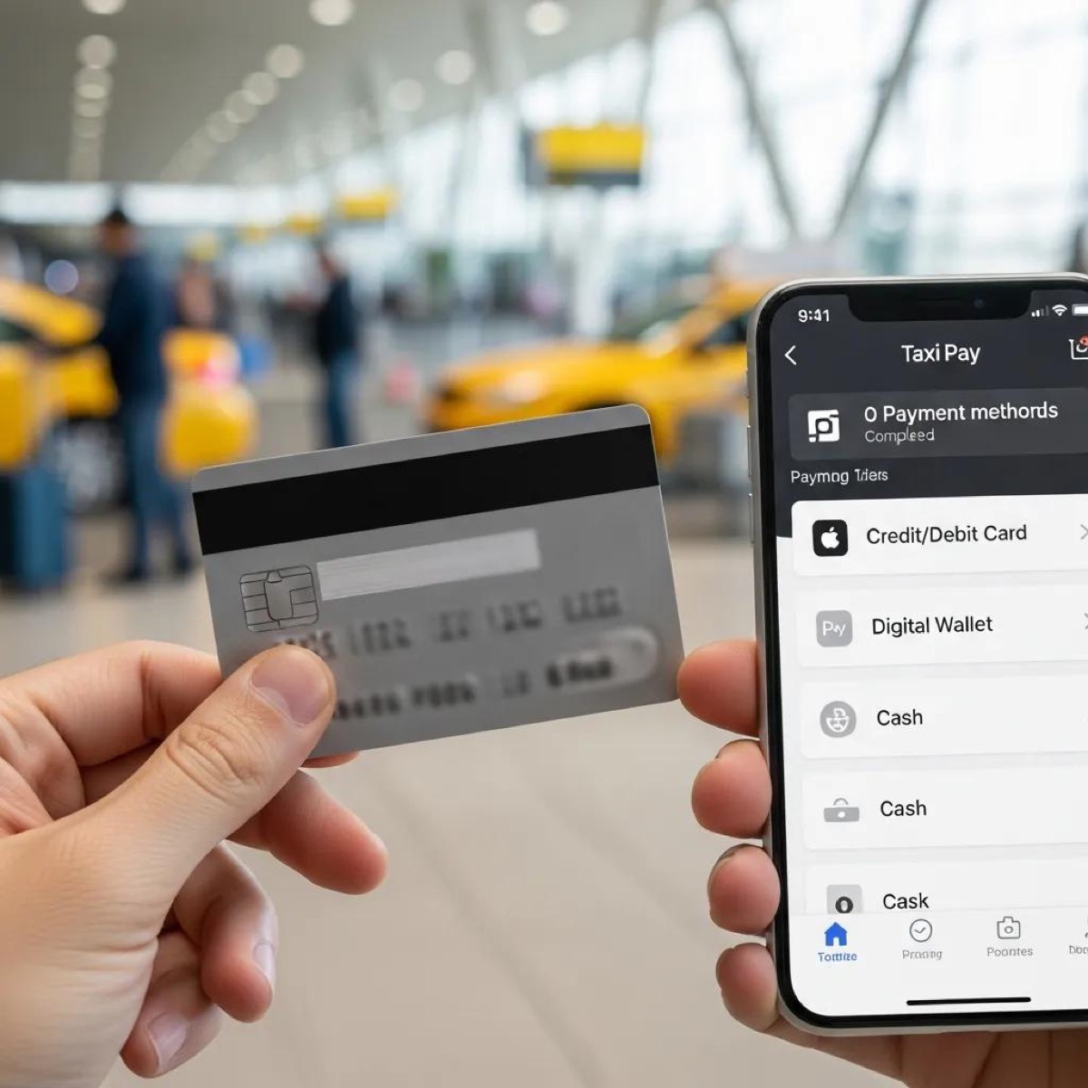 Close-up of payment methods for airport taxi booking including credit card and smartphone