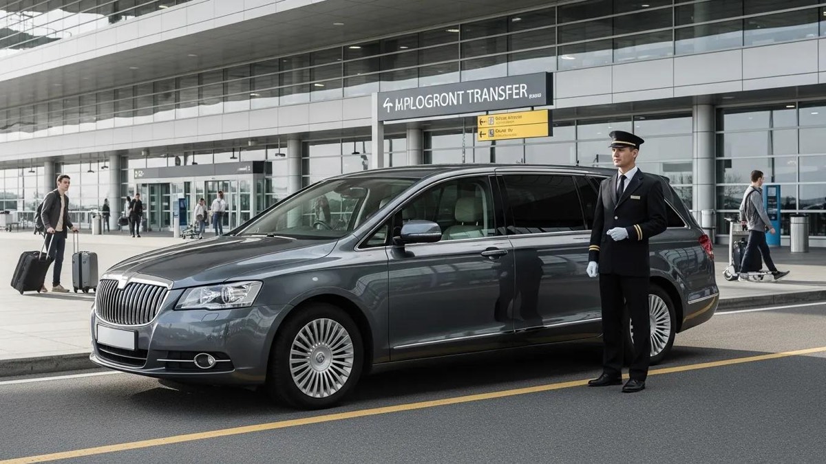 Luxury airport transfer vehicle with chauffeur at airport terminal