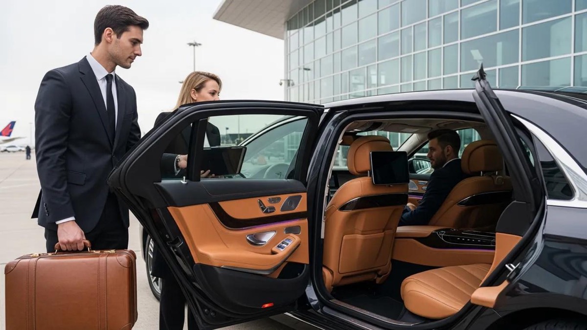 Chauffeur assisting passenger with luggage at luxury vehicle