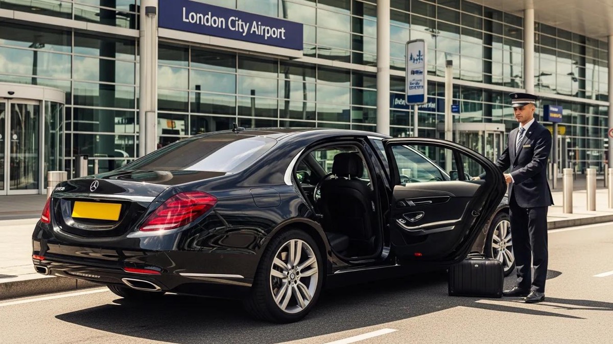 Luxury airport transfer vehicle outside London City Airport, showcasing elegance and comfort