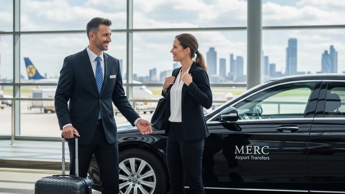 Chauffeur assisting passenger with luggage at London City Airport, emphasizing professionalism and luxury service