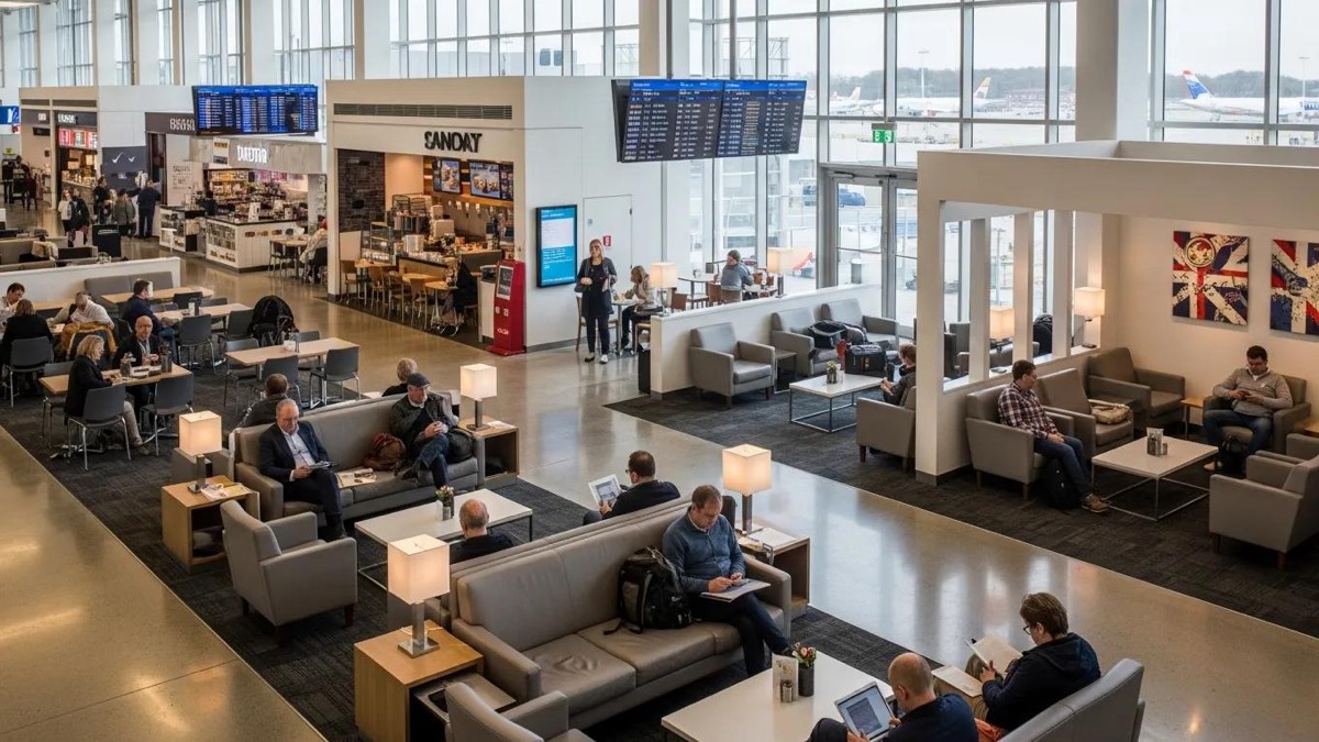 Interior view of London City Airport highlighting modern facilities and passenger amenities