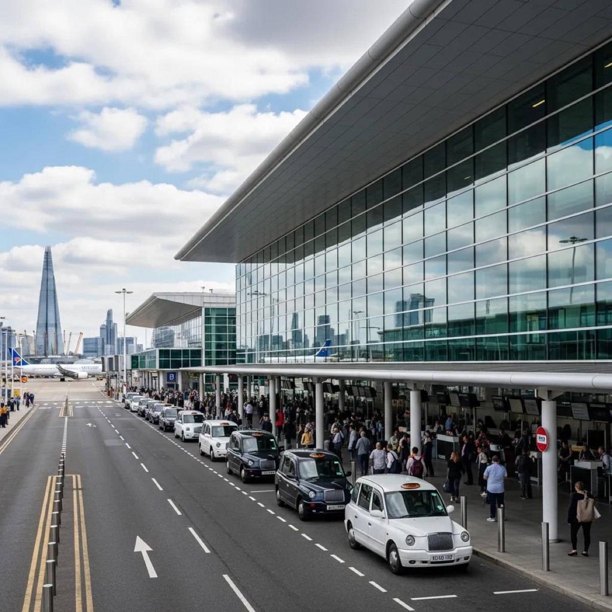 London City Airport terminal with passengers and transport options