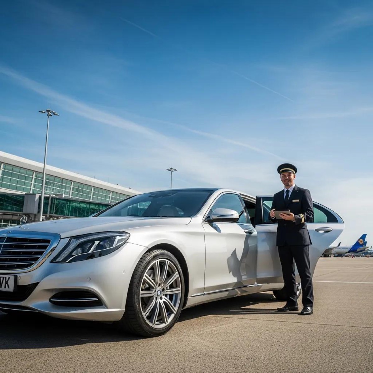 Luxury vehicle at London City Airport with a professional chauffeur