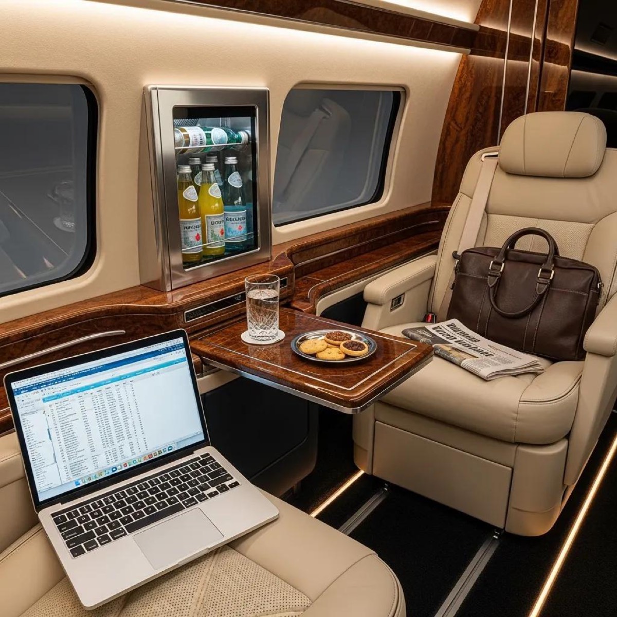 Interior of a luxury vehicle for business travel with amenities