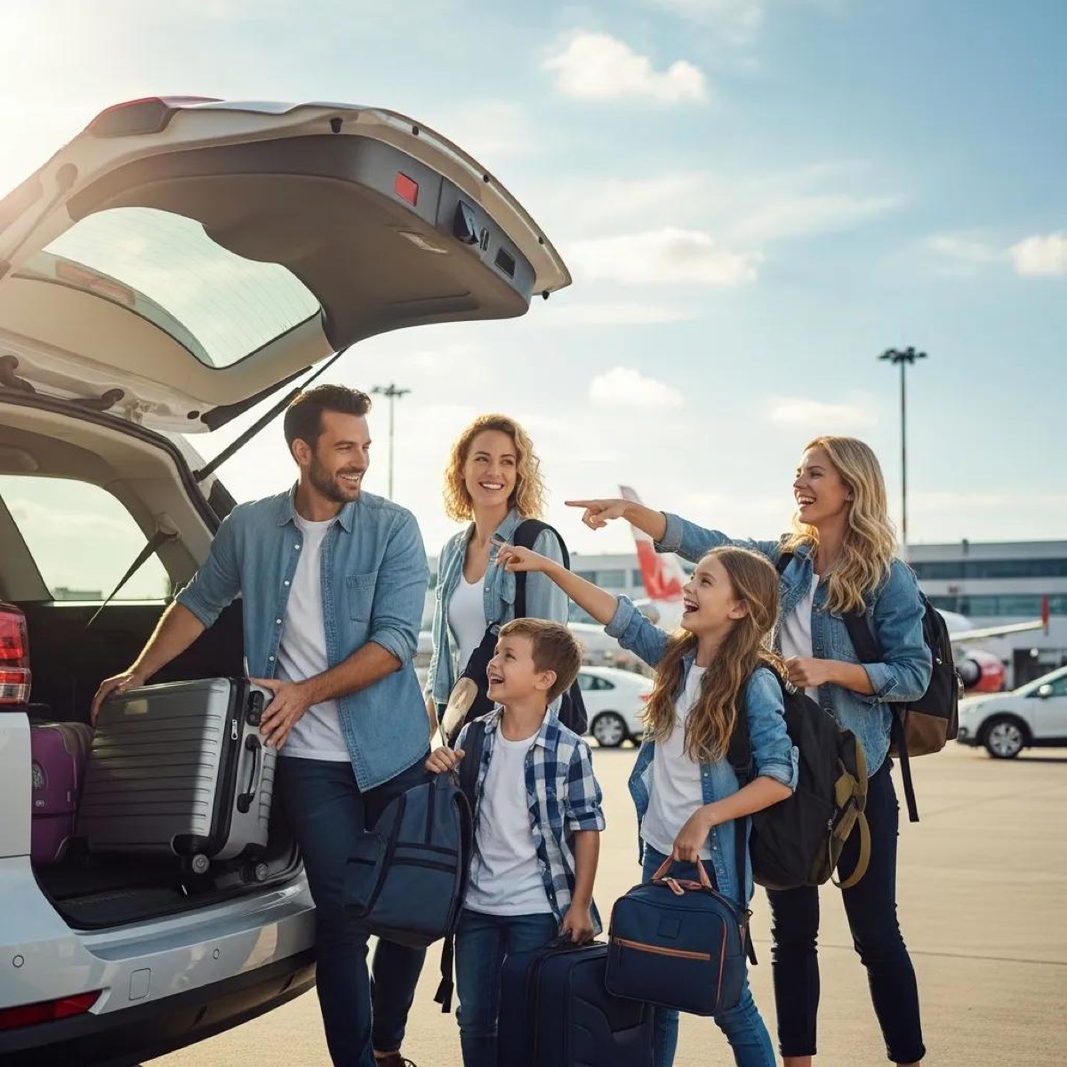 Family loading luggage into a spacious vehicle at the airport