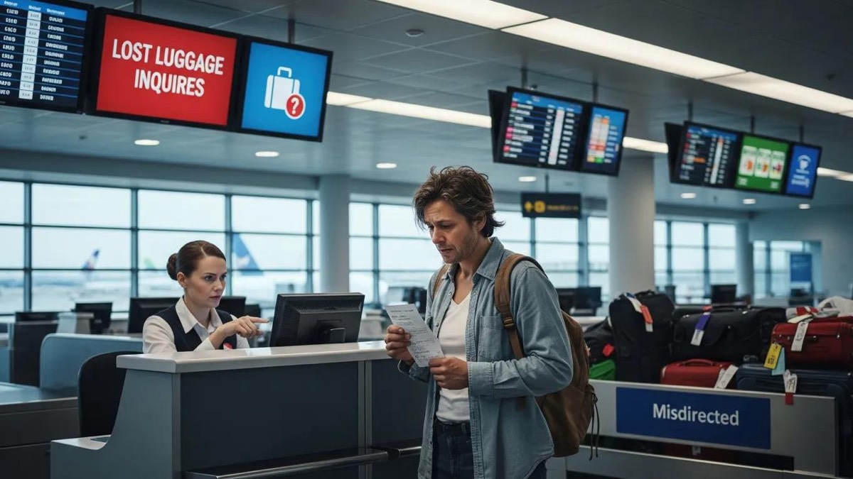 Traveler at airport lost luggage desk with baggage claim ticket