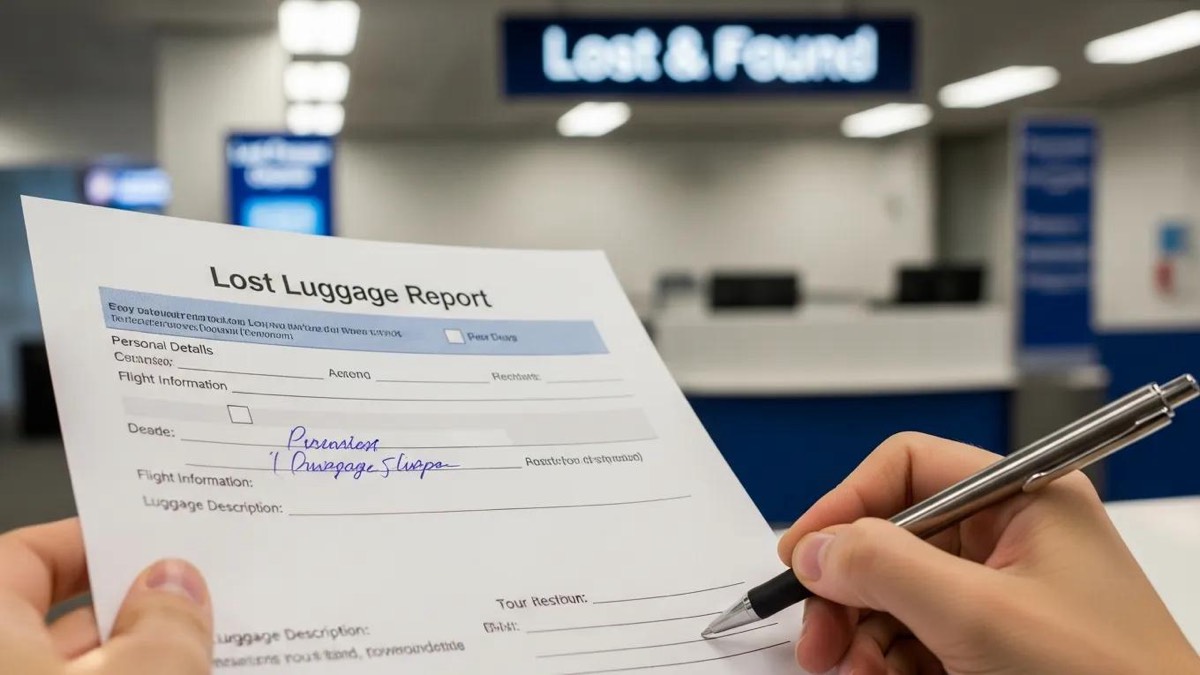 Traveler completing lost luggage report at airport office