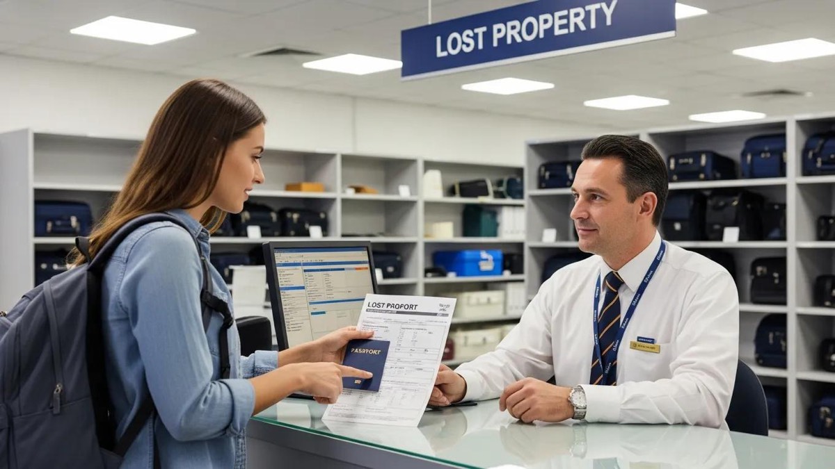 Traveler claiming lost property at airport with identification