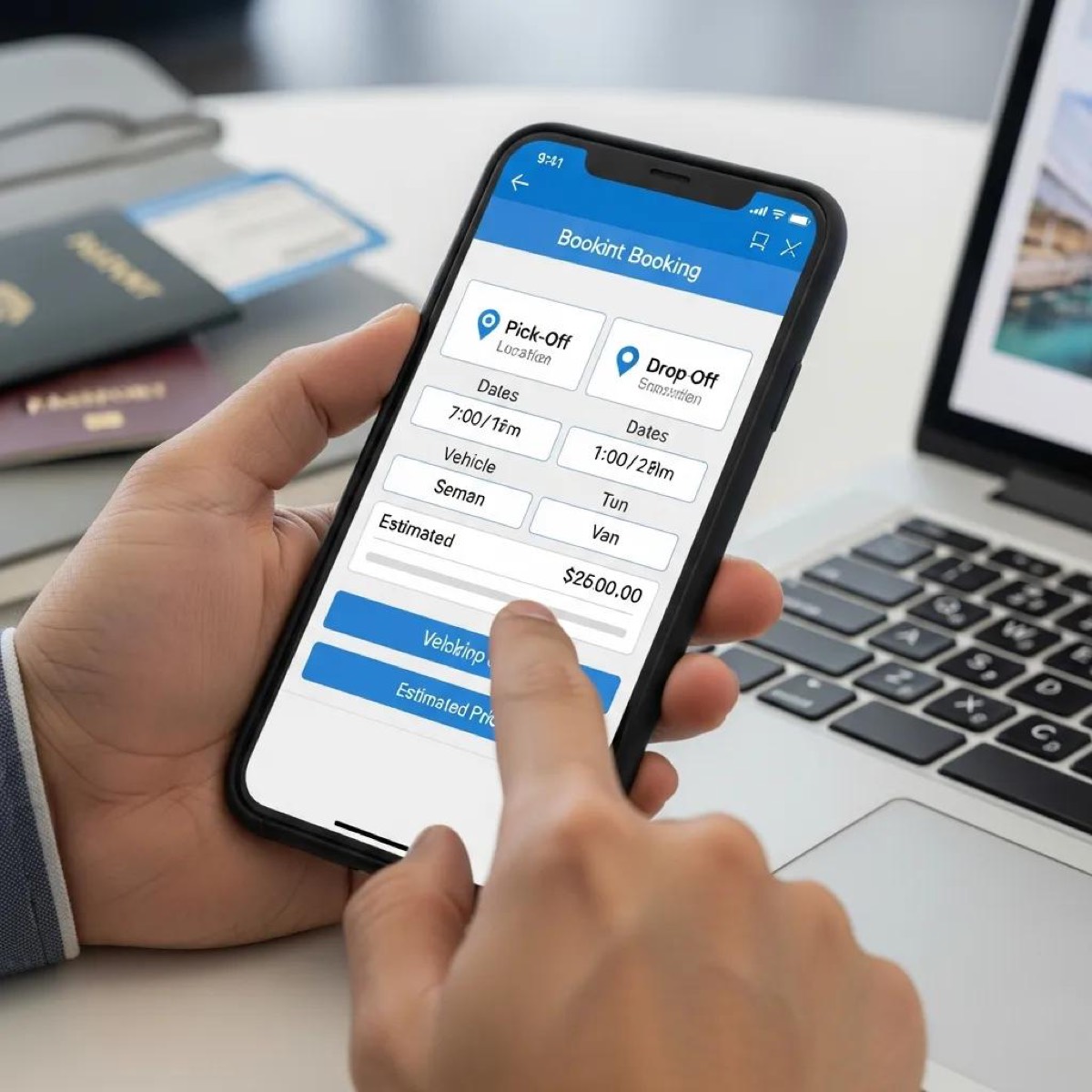 Traveler booking airport transfer services online using a smartphone