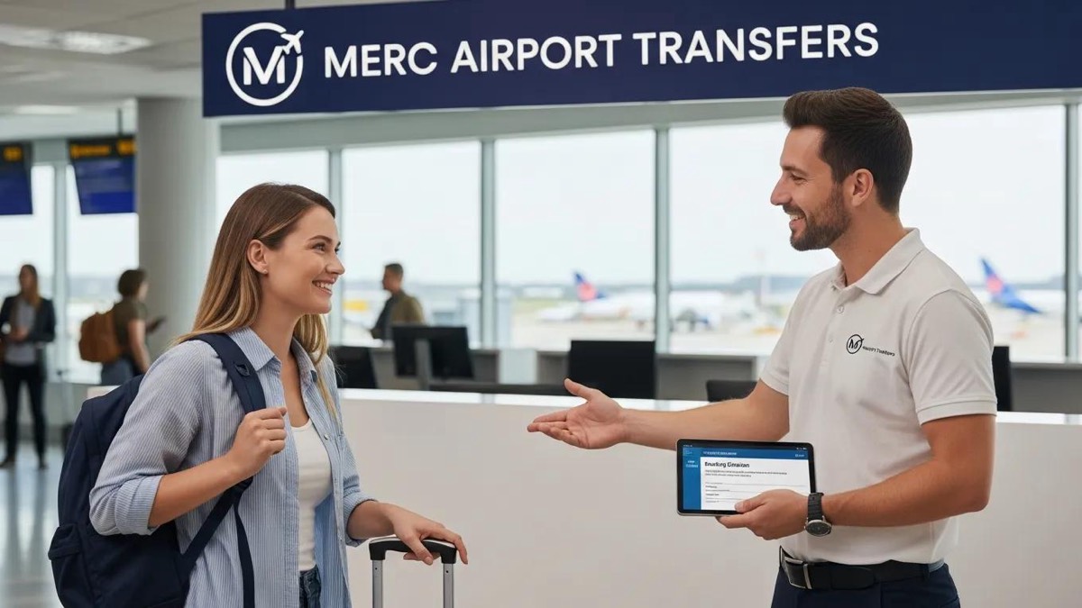 Traveler interacting with Merc Airport Transfers representative at the airport