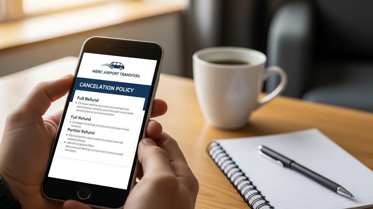Smartphone displaying Merc Airport Transfers cancellation policy in a cozy home office