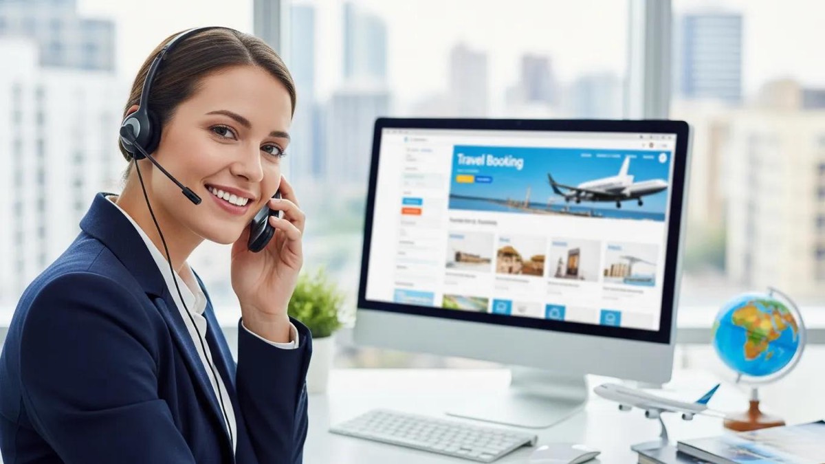 Customer support representative assisting a traveler with booking changes
