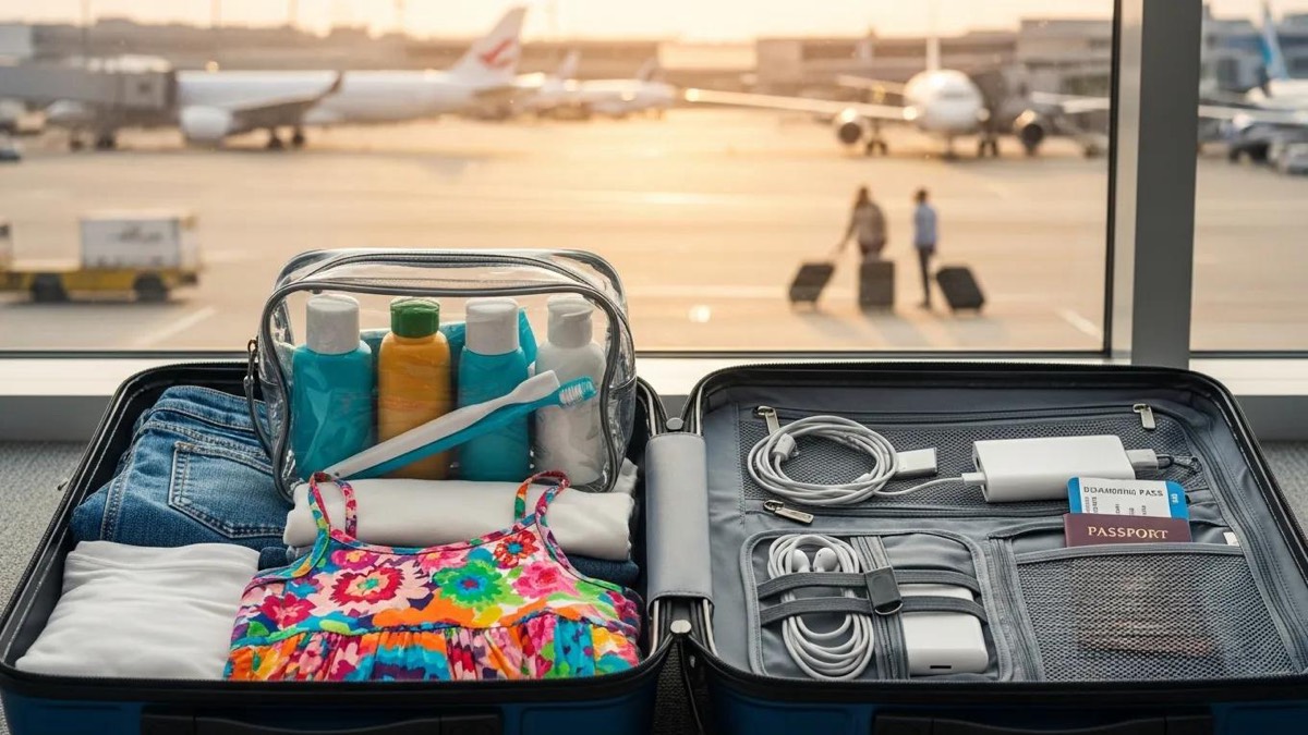 Organized suitcase with travel essentials for airport travel