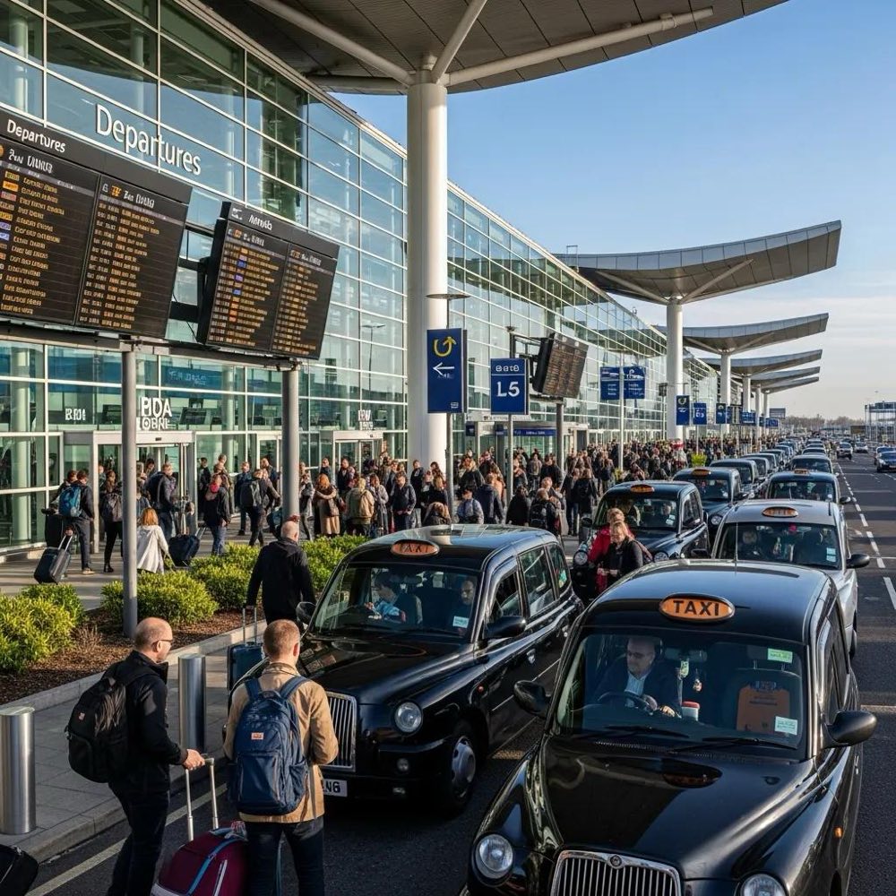 Stansted Airport terminal with taxis and travelers, highlighting airport transfer services