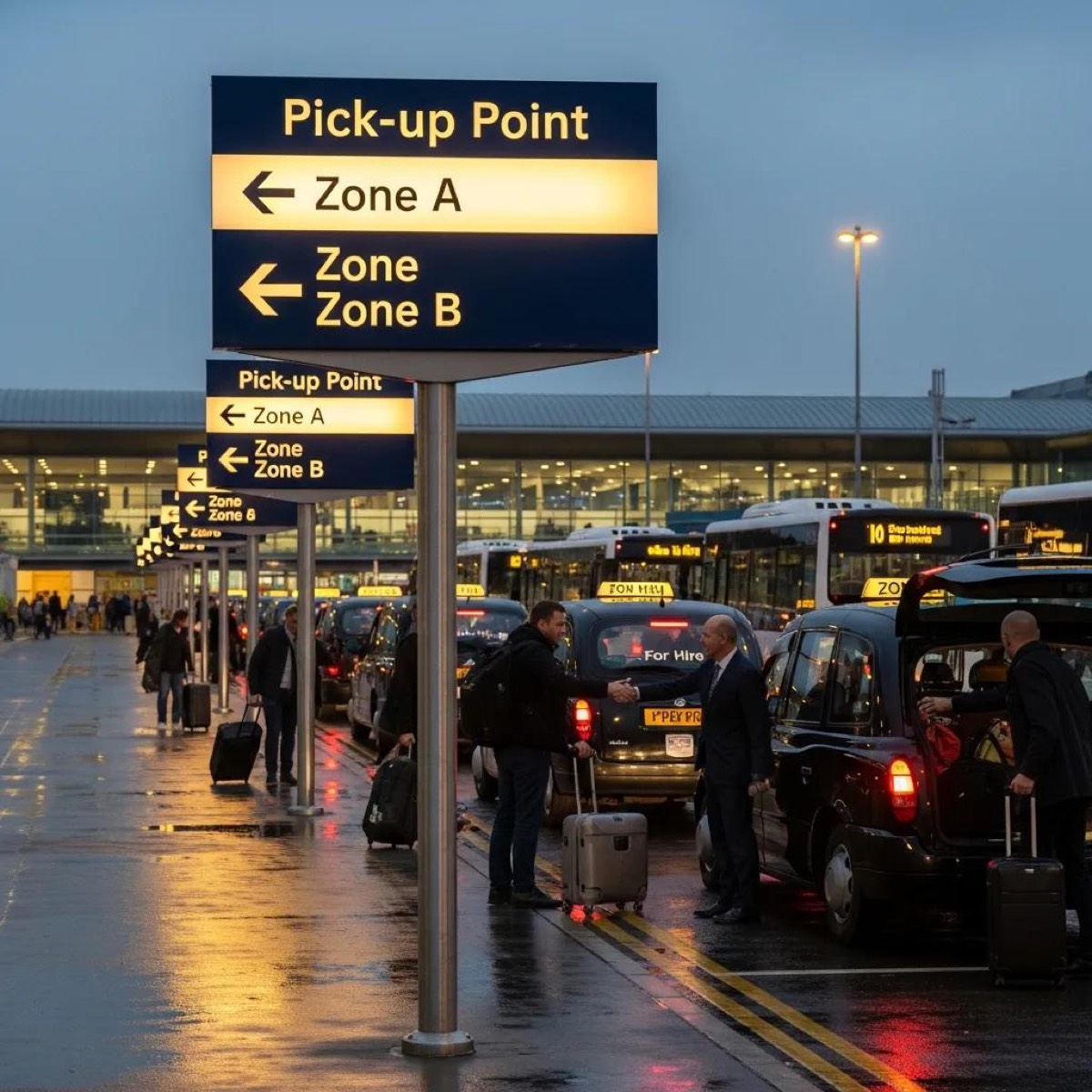 Designated pick-up points at Stansted Airport with signage and vehicles