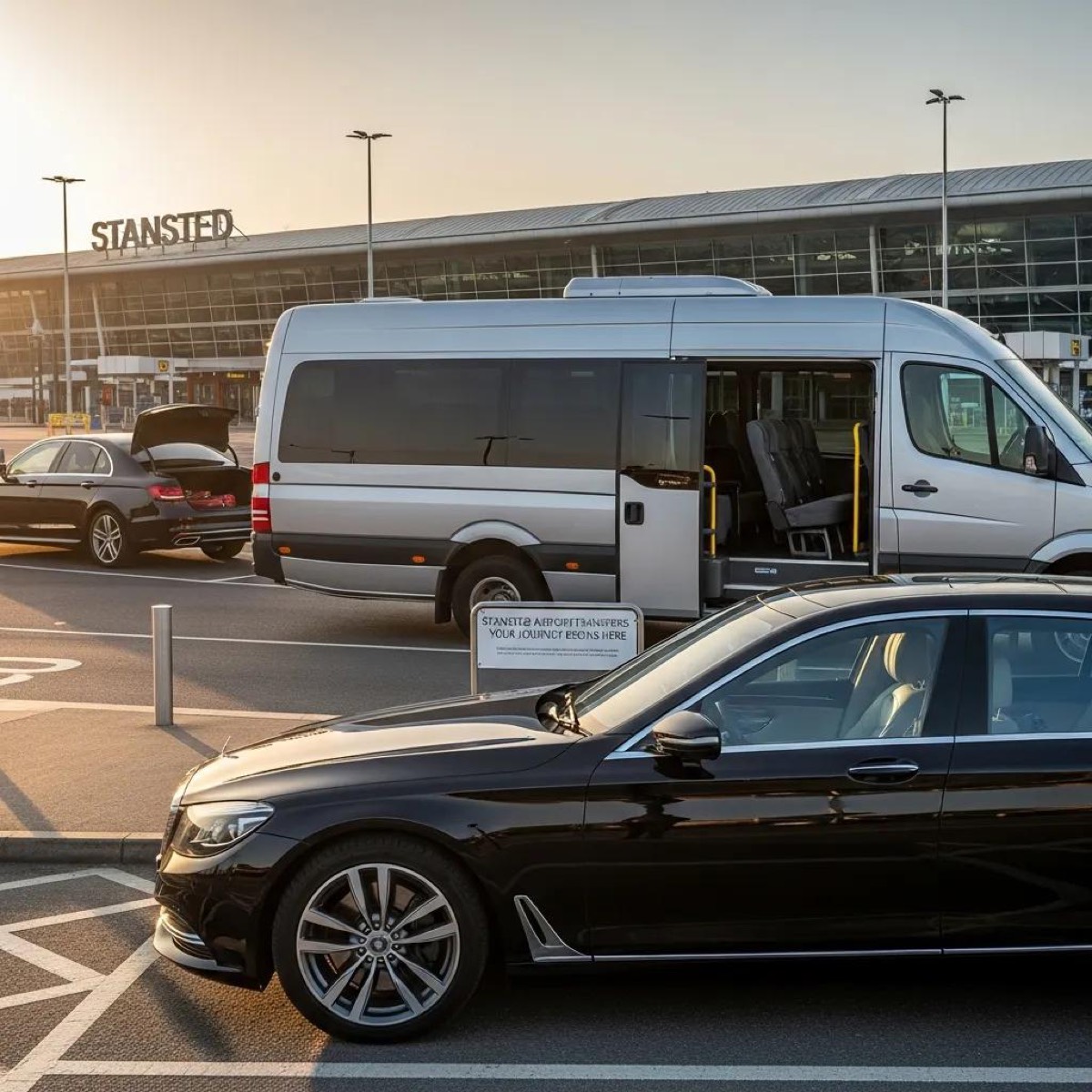 Different vehicle options for Stansted Airport transfers, including standard, minibus, and luxury cars