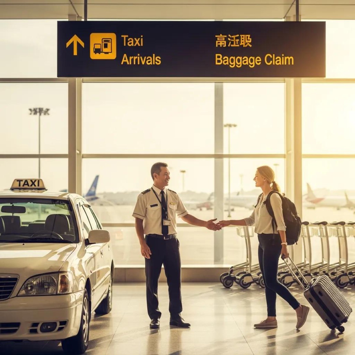 Traveler being greeted by a taxi driver at an airport transfer area, highlighting a stress-free airport experience
