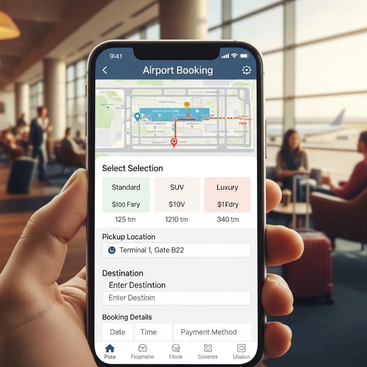 Smartphone displaying an airport taxi booking app, emphasizing convenience and modern technology for travelers
