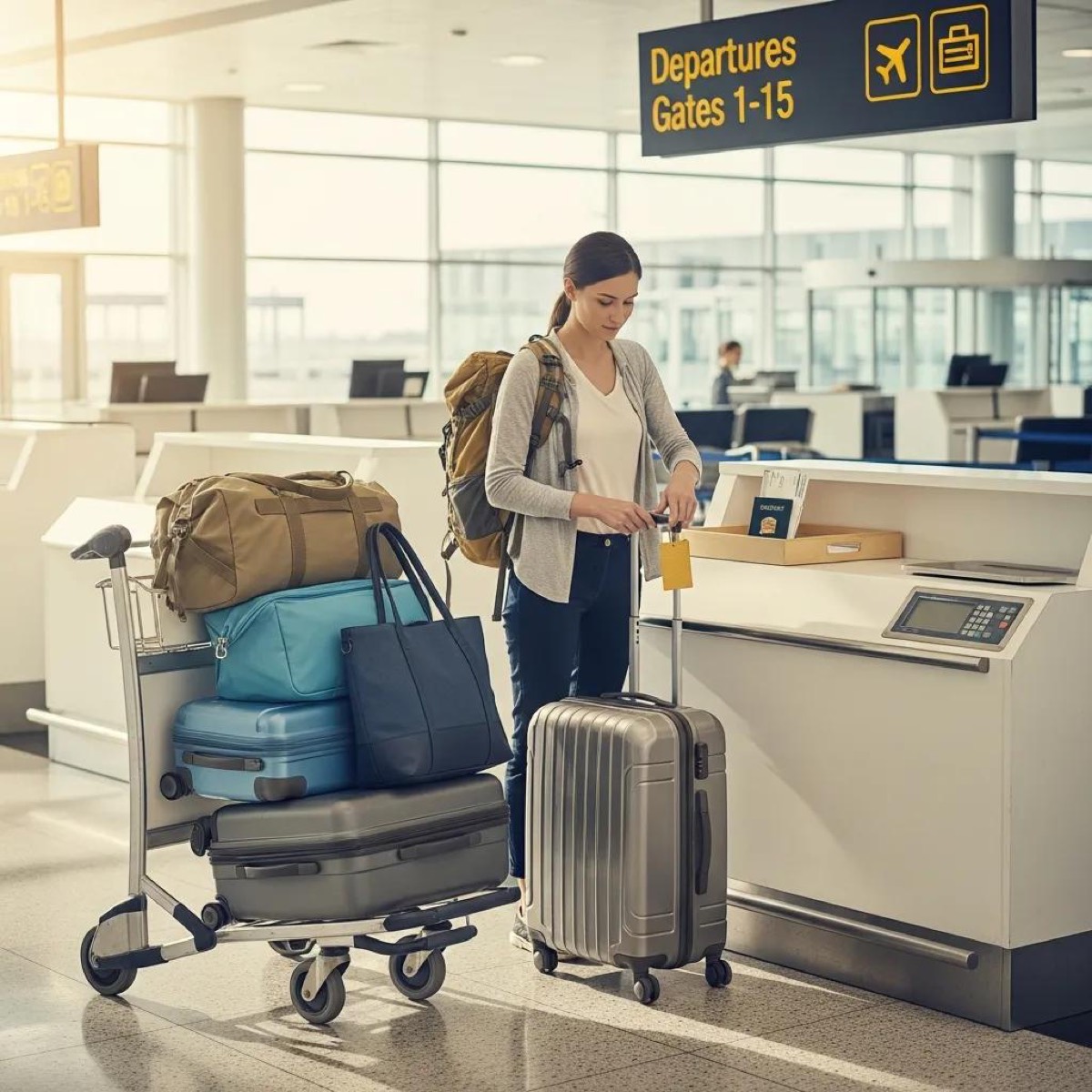 Traveler managing luggage at an airport transfer point, illustrating effective luggage handling and preparation