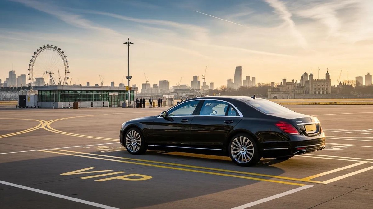 Luxury airport transfer vehicle at London airport with iconic landmarks in the background