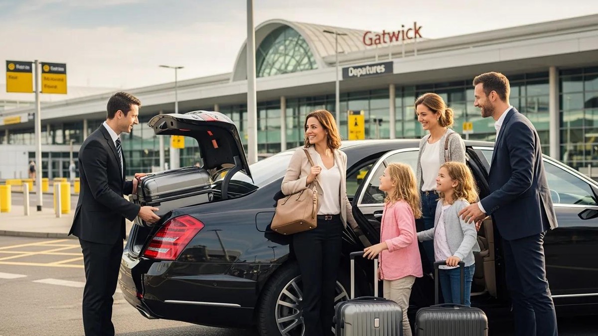 Professional driver helping family with luggage at Gatwick Airport luxury taxi