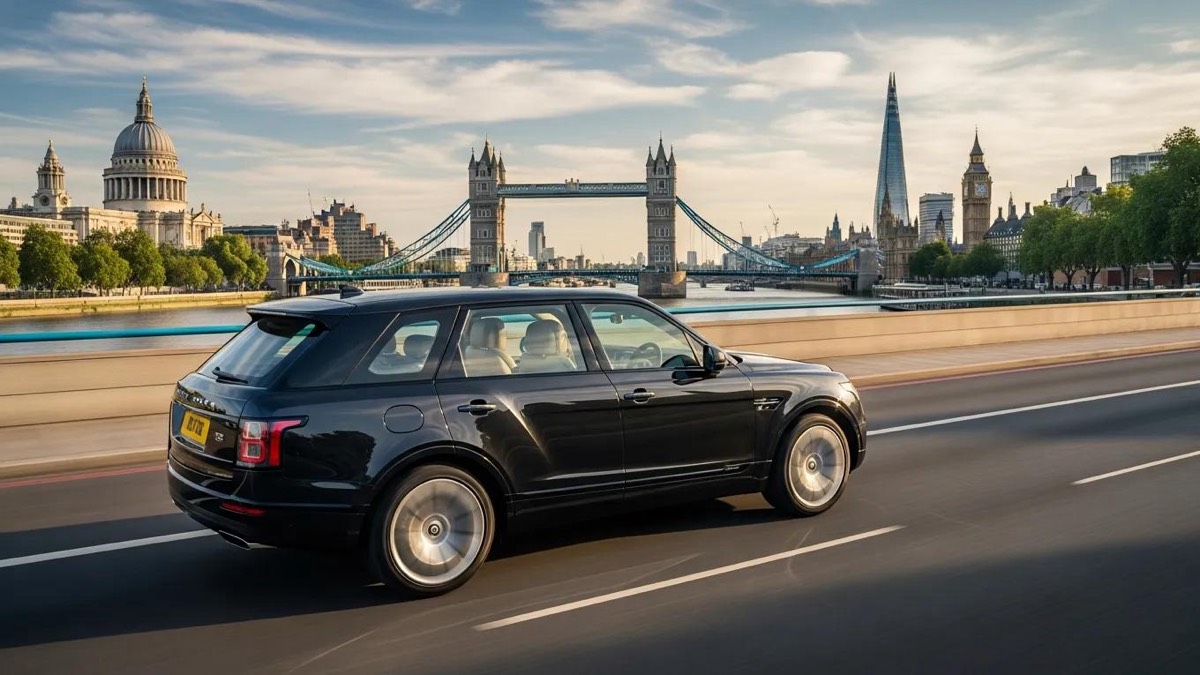 Luxury SUV on scenic route in London with famous attractions in the background