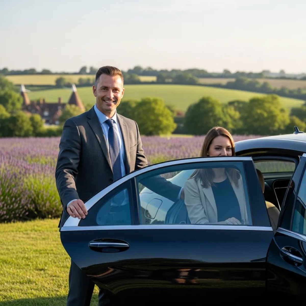 Professional driver in uniform next to a luxury vehicle, illustrating qualifications and customer service