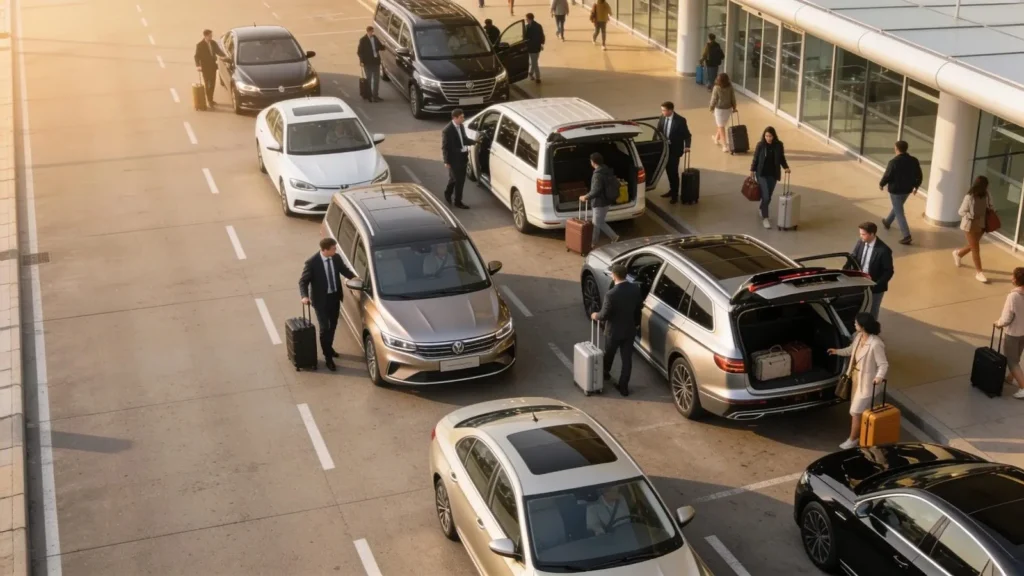 Diverse airport transfer vehicles including saloon cars and MPVs waiting for passengers, showcasing comfortable travel options.