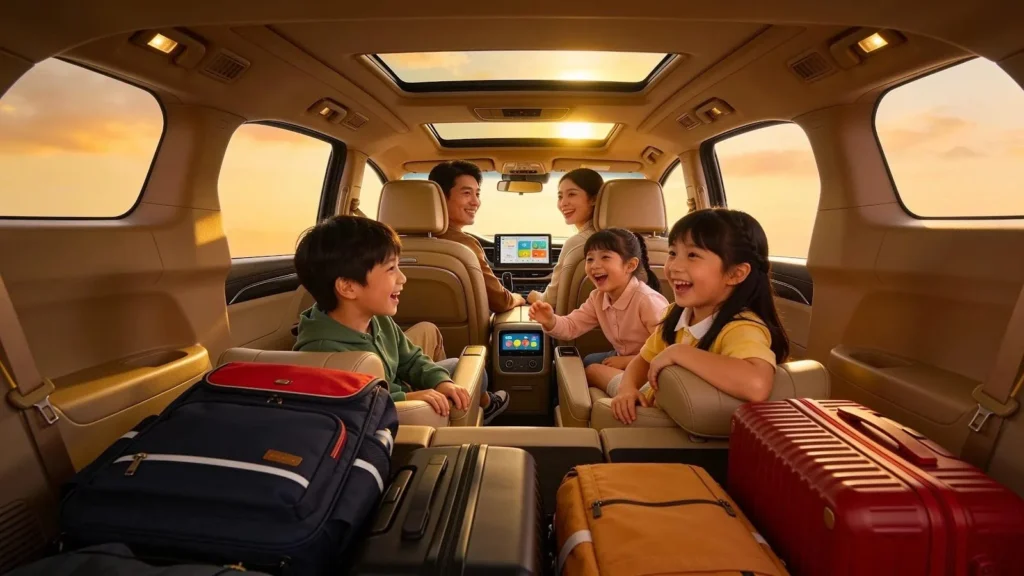 Family enjoying a comfortable ride in a spacious MPV with ample luggage space