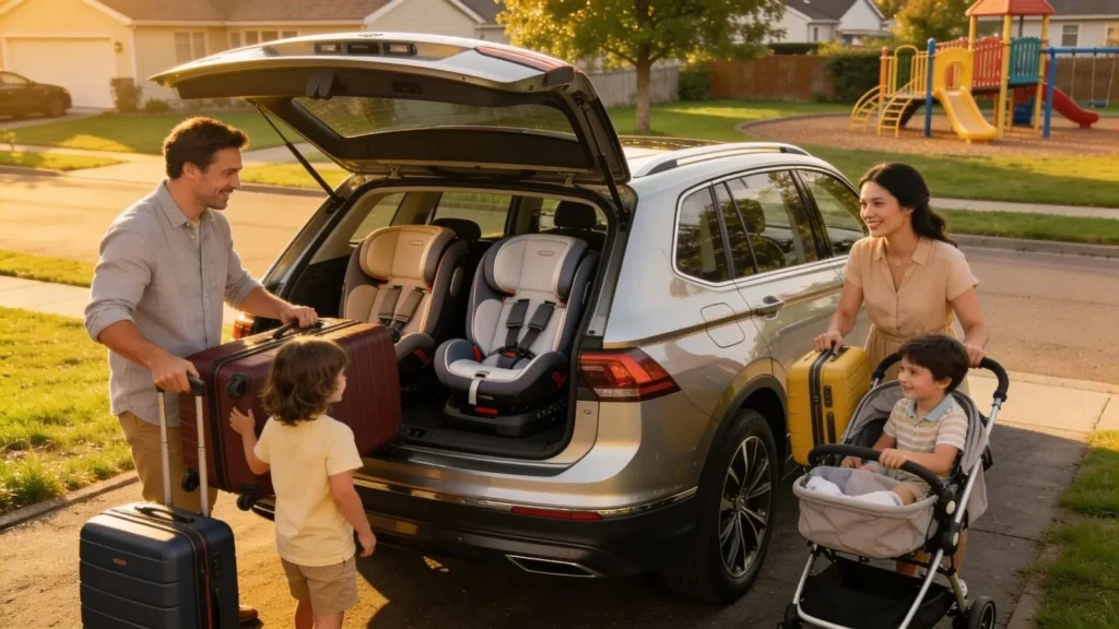 Family vehicle equipped with child safety seats ready for airport transfer in Kent