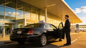 Professional airport taxi waiting for passengers outside Kent airport, highlighting reliability and service