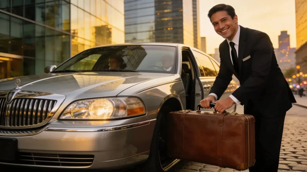 Professional chauffeur assisting clients with luggage outside a luxury vehicle in an upscale environment