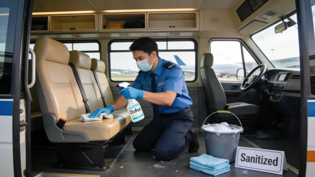 Professional driver sanitizing an airport shuttle, emphasizing hygiene and vehicle quality for passenger safety.