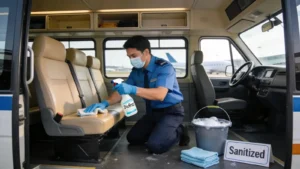 Professional driver sanitizing an airport shuttle, emphasizing hygiene and vehicle quality for passenger safety.