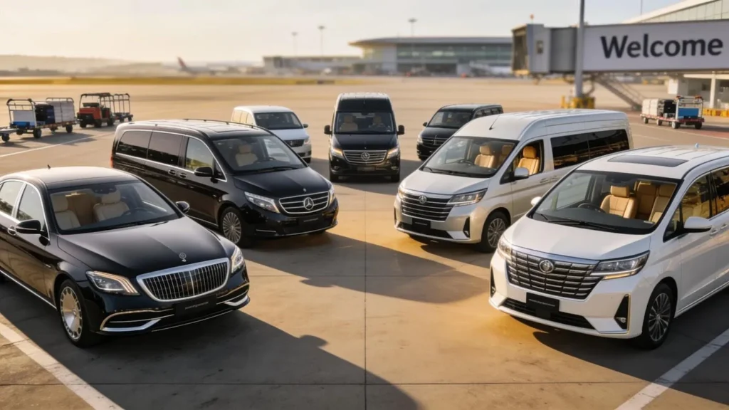 Range of luxury airport transfer vehicles, including executive saloons, MPVs, and minibuses, showcasing variety and comfort