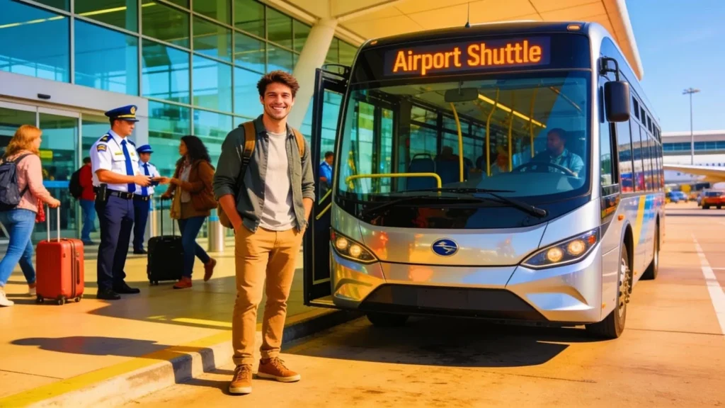 Solo traveler smiling next to an airport shuttle at a busy terminal, emphasizing safety and reliability in airport transport.