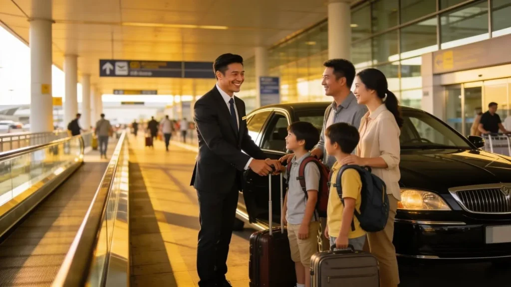 Airport transfer driver assisting a family with luggage in a busy terminal setting