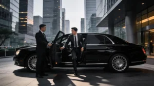 Business professional exiting chauffeur vehicle at corporate venue, symbolizing reliability and luxury travel